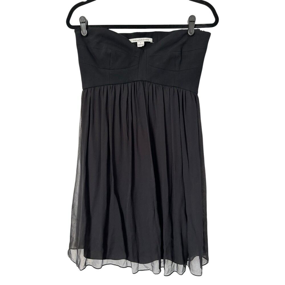 Diane von Furstenberg Dress SZ 8 Asti Short Black Silk Strapless Mini Babydoll